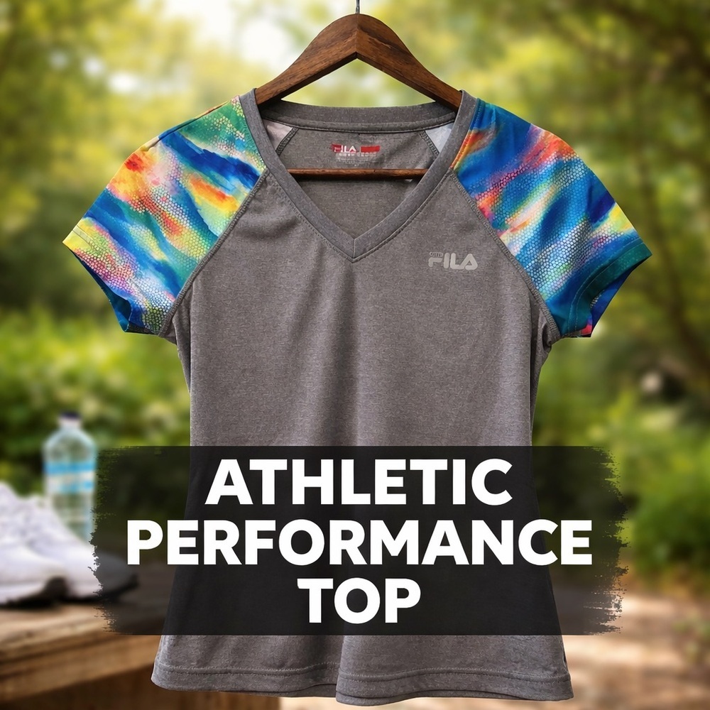 FILA Sport Active V-Neck Performance Top | Small | Rainbow Sleeve Detail
